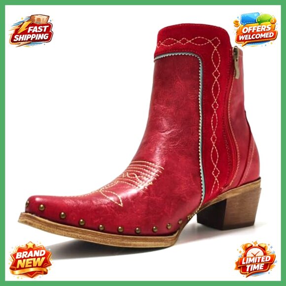 Western Fringe Ankle Boots Studded Turquoise Stones Cowgirl Chic Block Heel - Picture 4 of 7